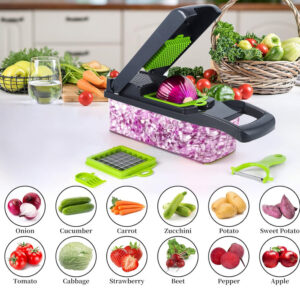 16 in 1 Multifunctional Veggie Slicer and Vegetable Chopper Packaging Box showing Slicing, Dicing, and Grating Features